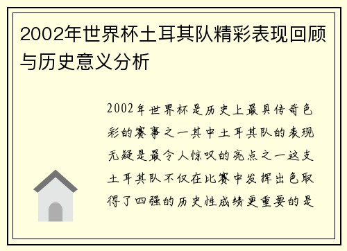 2002年世界杯土耳其队精彩表现回顾与历史意义分析