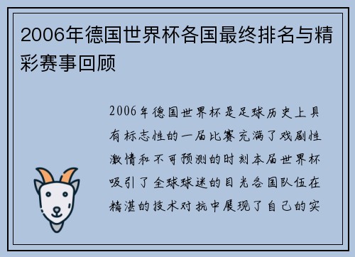 2006年德国世界杯各国最终排名与精彩赛事回顾