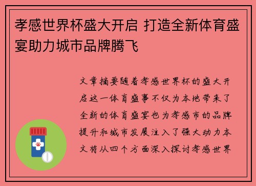 孝感世界杯盛大开启 打造全新体育盛宴助力城市品牌腾飞