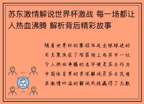苏东激情解说世界杯激战 每一场都让人热血沸腾 解析背后精彩故事